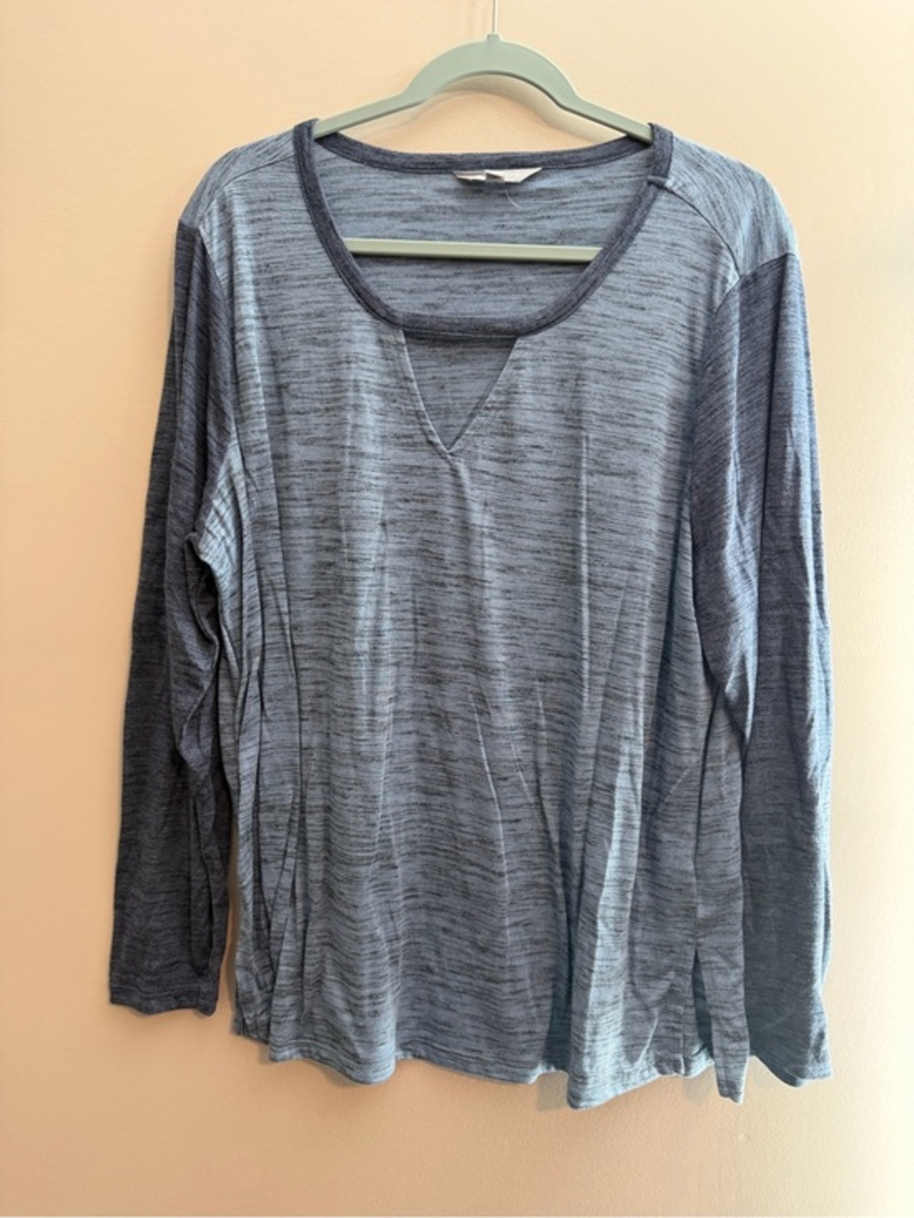 Relaxed Heathered Blue Long-Sleeve Scoop Neck Top